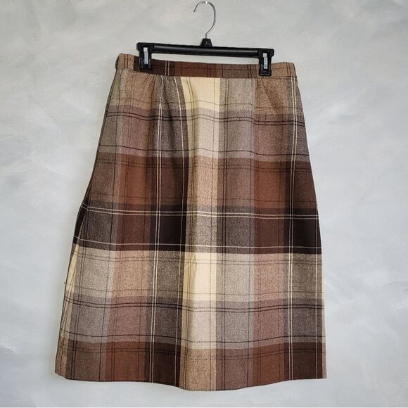 Vintage A line Wool Blend Midi Skirt Brown Check Size 20